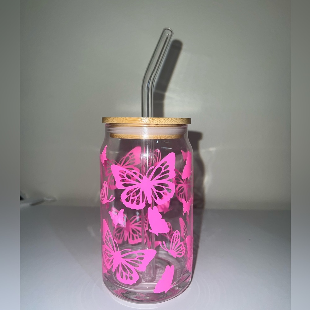 Hot Pink Butterfly Beer Glass Cup